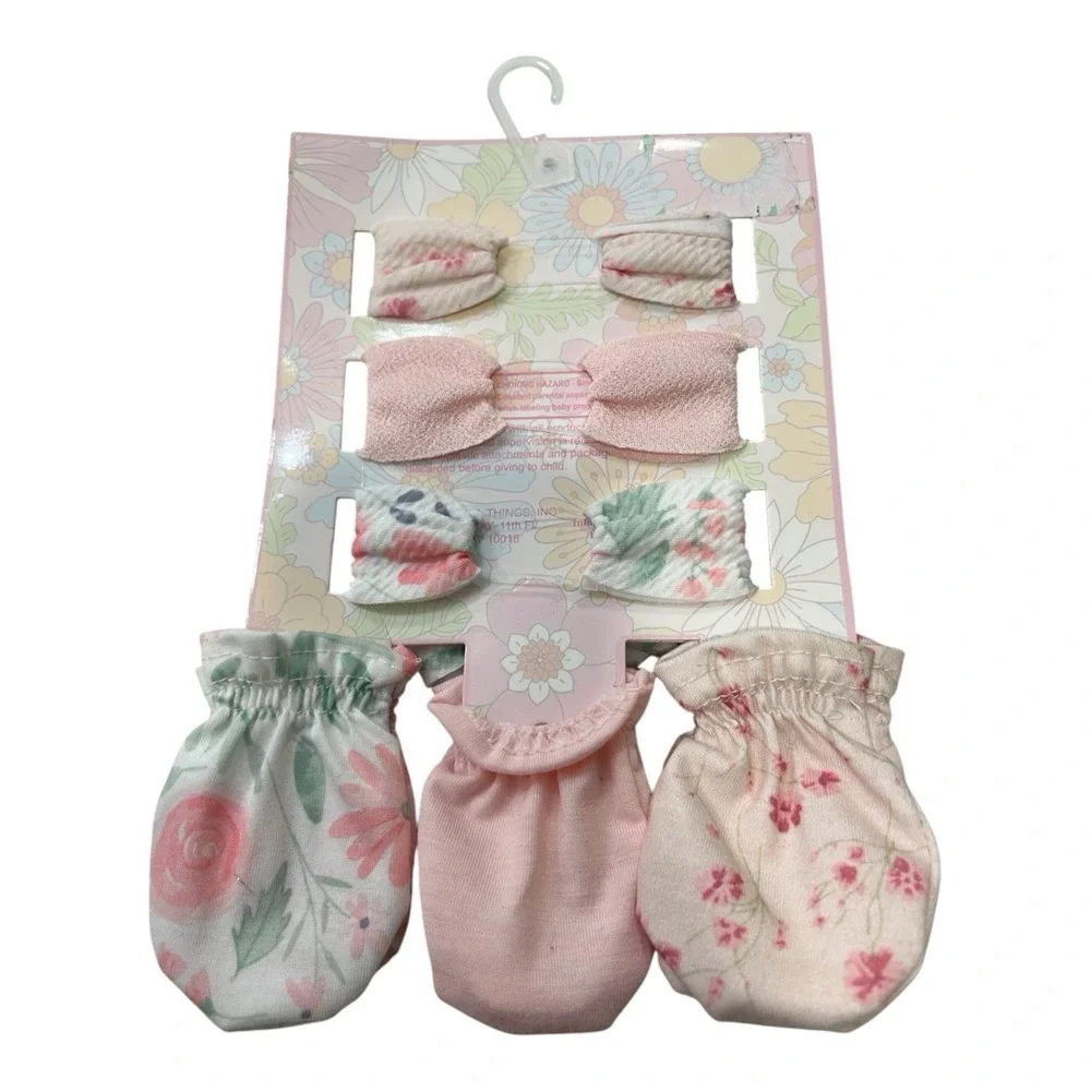Ava Olivia Baby Girls Cotton Floral Bow Mittens, One Size Pink/White/Green